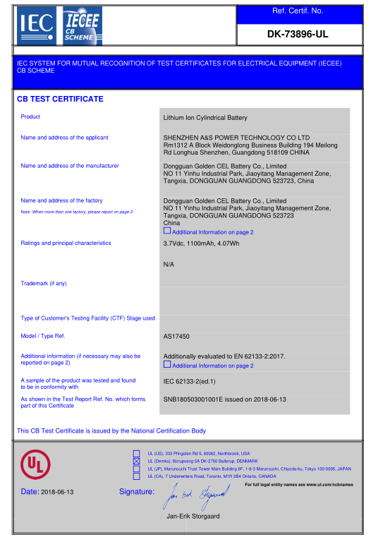 A&S Power lithium ion battery 17450 CB Certification